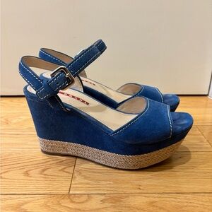 Prada: Blue Suede, Wedge Sandals